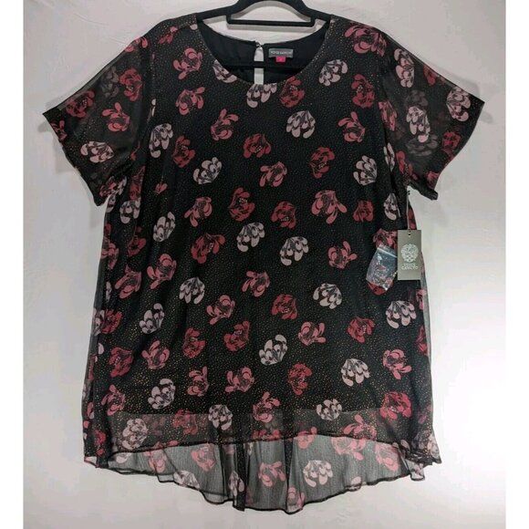 Vince Camuto Sheer Black Pink Floral Tunic Blouse Sparkle Dots Short Sleeve NWT - Picture 1 of 7